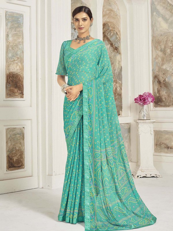 Aqua Green Chiffon Printed Saree